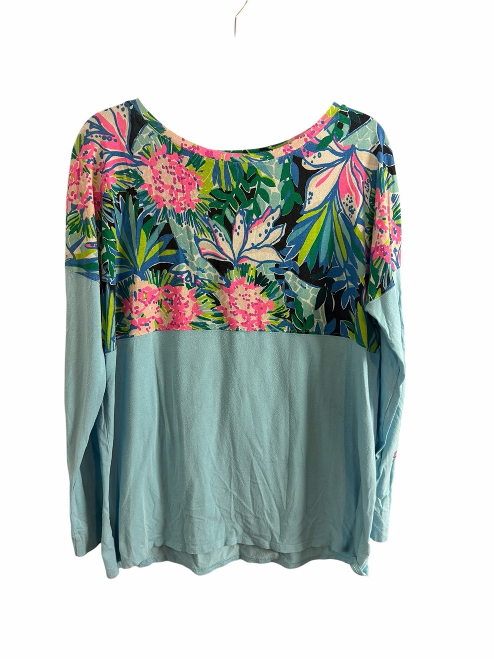 Lilly Pulitzer Finn Tropical Print Colorblock Long Sleeve Tunic Top Blue